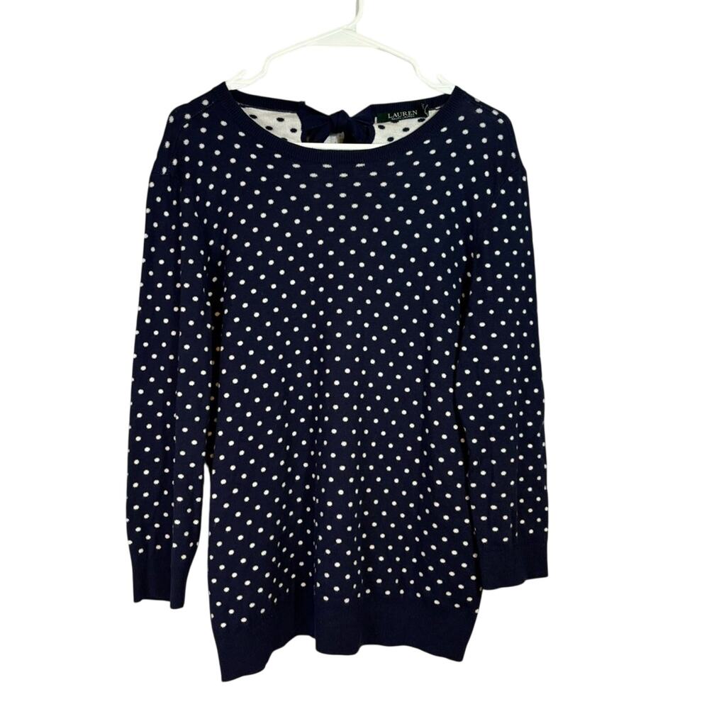 Ralph Lauren Navy and White Polka Dot Sweater with Back Bow Size Small II0673